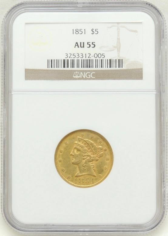 1852 Liberty Head $5.00 Gold Piece AU55