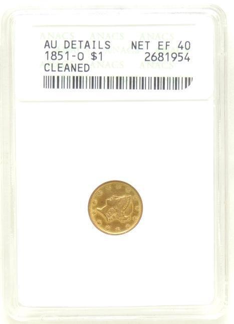 1851-O Liberty Head $1 Gold Piece AU details