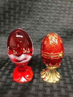 Lot of two fenton hand-painted glass Christmas eggs