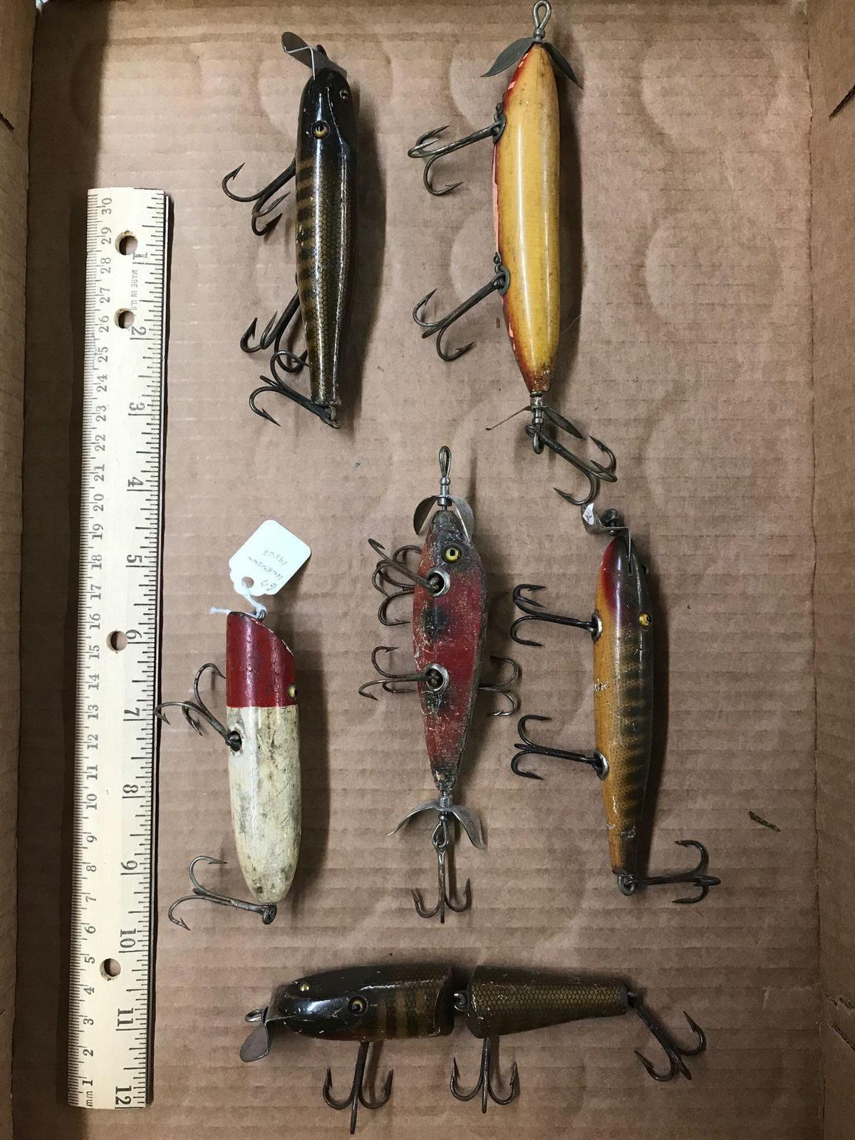 Box lot of six vintage Wooden fishing Lures