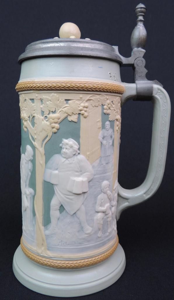 Antique German Mettlach Bowling Cameo Stein