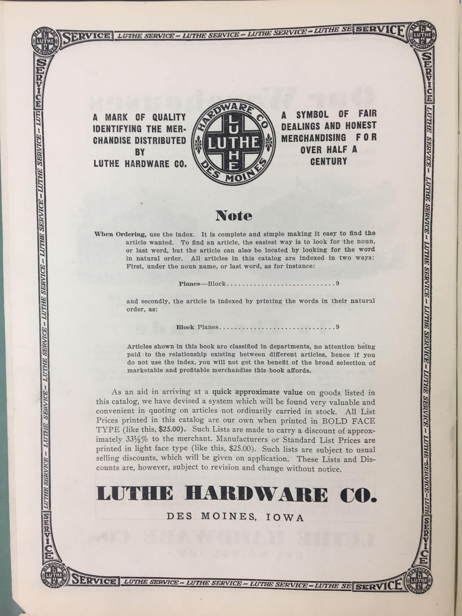 1937 Luthe Hardware Co Des Moines Iowa Catalog