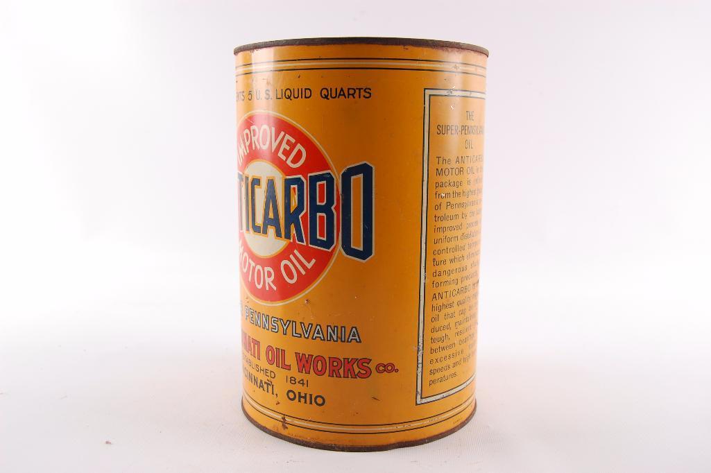 Vintage Anticarbo Motor Oil Advertising 5 Quart Oil Can