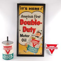 Vintage Conoco Advertising Grouping Featuring Cardboard Pole Sige, Motor Oil Can, and Porcelain Pump