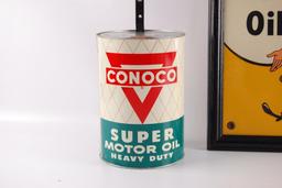 Vintage Conoco Advertising Grouping Featuring Cardboard Pole Sige, Motor Oil Can, and Porcelain Pump