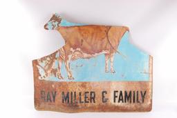 Vintage Ray Miller & Family Cut Metal Cow Sign