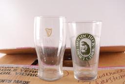 Full Box of Guinness, Wood Chuck, and Warsteiner Advertising Beer Glasses