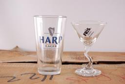 Full Box of Harp, Fris, and Other Advertising Glasses