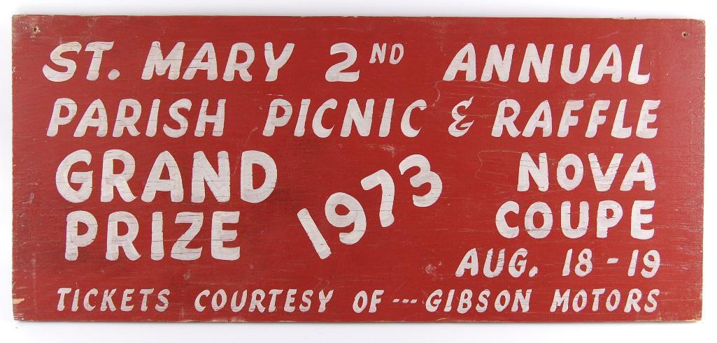 Vintage 1973 St. Mary 2nd Annual Parish Picnic & Raffle Plywood Sign