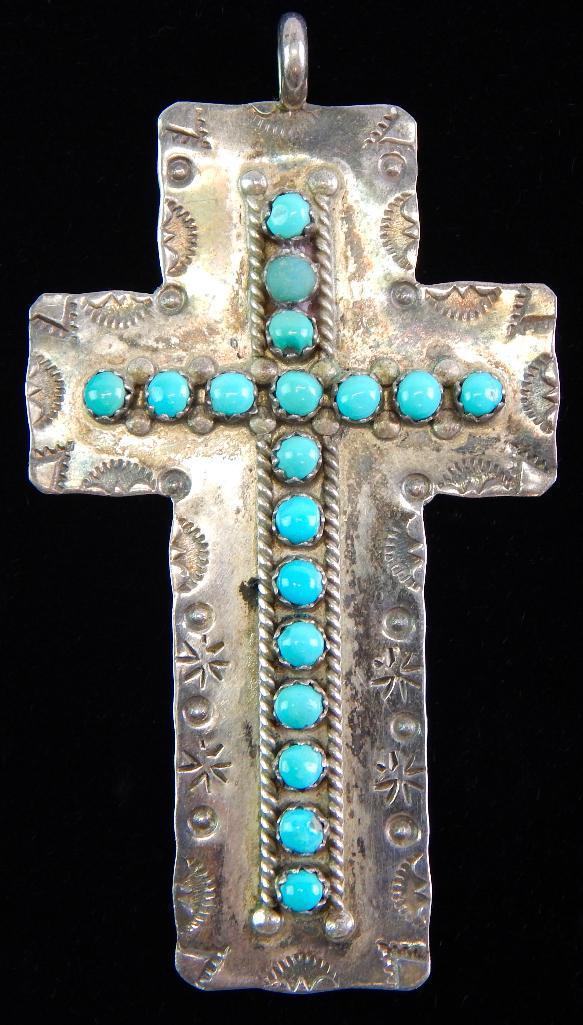 Zuni JP Ukestine Sterling Silver & Turquoise Cross Pendant