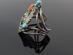 DTN Signed Turquoise, Coral & Sterling Silver cuff Bracelet