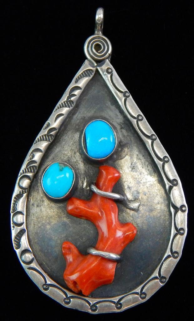 Turquoise, Branch Coral & Sterling Silver Pendant