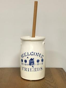 "Welcome Friends" Stoneware Butter Churn