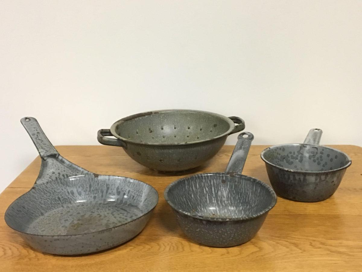 Group of Vintage Enamelware Pans, and Straining Bowl