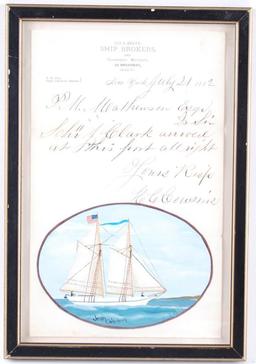 Antique Cox & Green Ship Brokers 1882 Letter Home with Jeary Calguhoun Ship Oil Painting