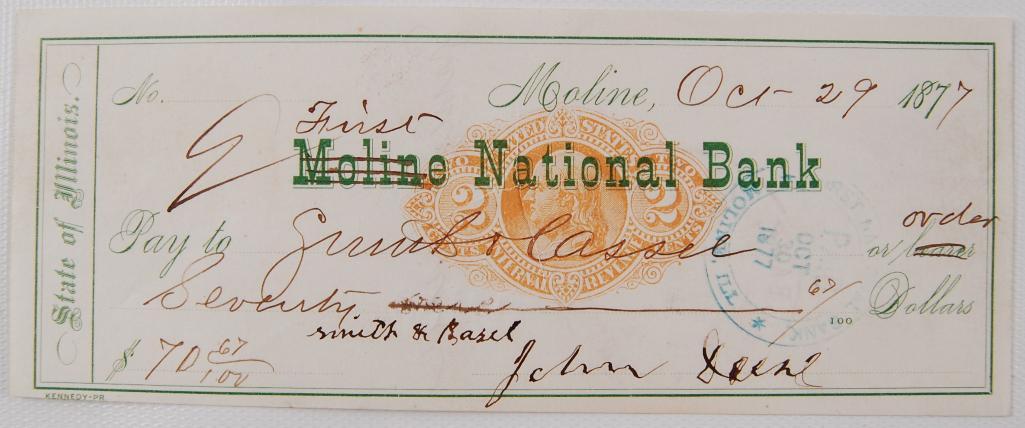 Antique 1877 Moline National Bank Sign John Deere Check with COA