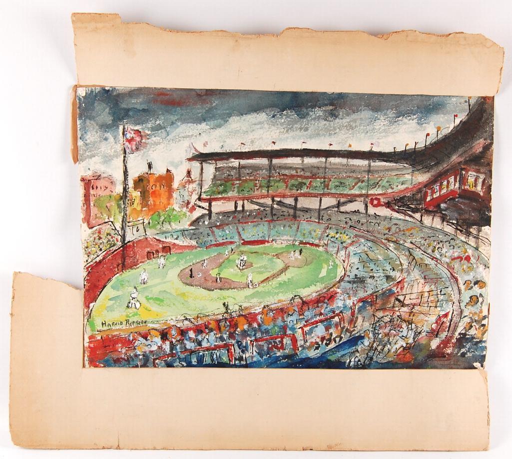 Antique 1951 Chicago Wrigley Field "Take Me Out to the Ball Game" Water Color by Harold Ryeraon