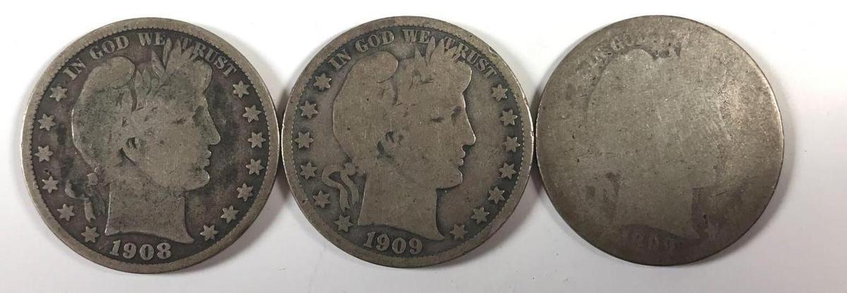 Group of three barber silver half dollars