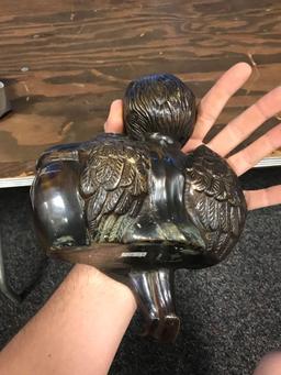 Vintage heavy bronze angel sitting statue with pot