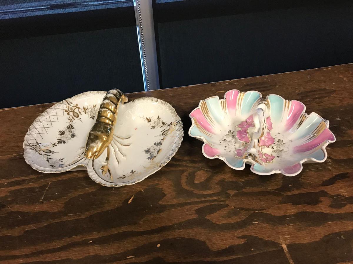 Group of two antique porcelain serving dishes featuring lobster and flowers