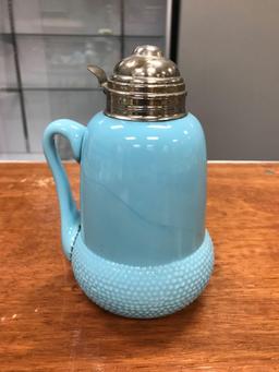 Antique blue milk glass acorn pattern syrup