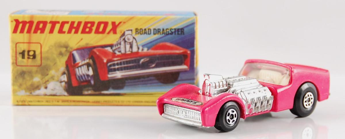 Matchbox No. 19 Hot Pink Road Dragster with Original Box and Wynn's Decal