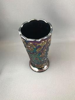 Vintage Fenton Amethyst Iridescent Peacock Design Carnival Glass Vase