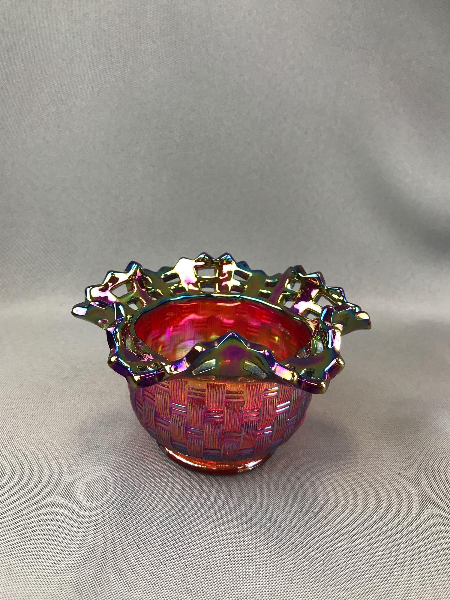 Group of 3 : Vintage Ruby Red Iridescent Carnival Glass Vase and Bowls