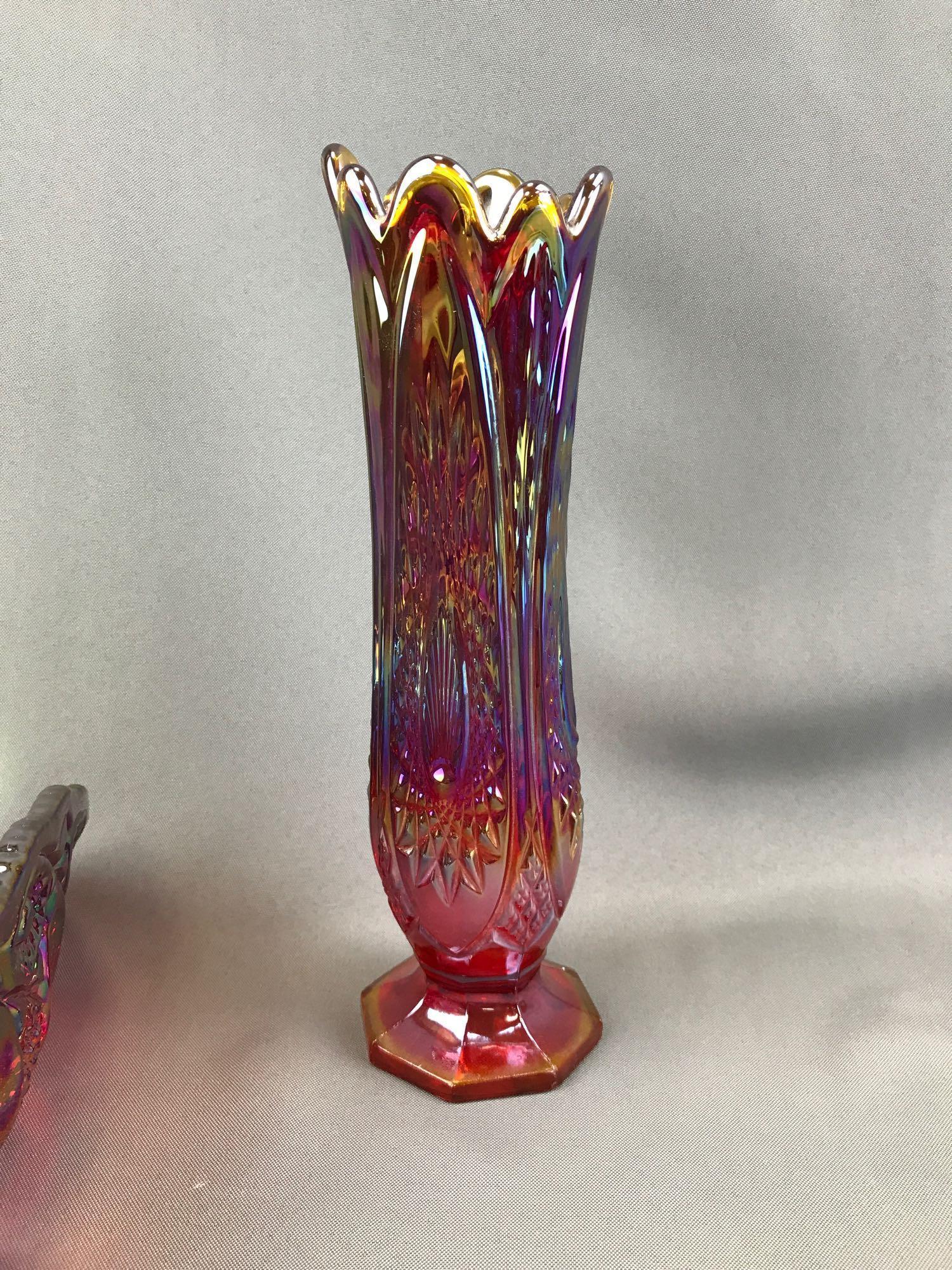 Group of 3 : Vintage Ruby Red Iridescent Carnival Glass Vase and Bowls