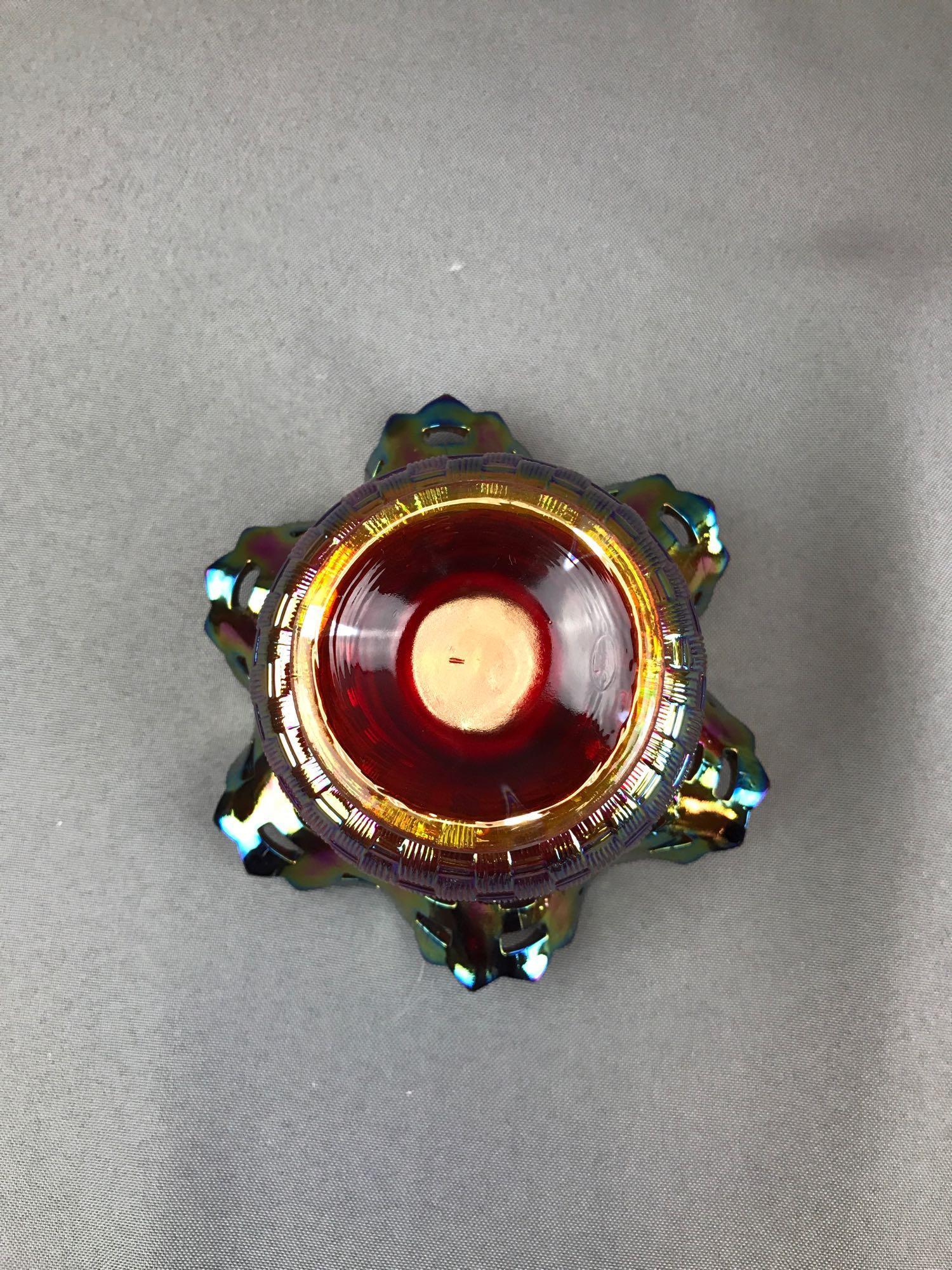 Group of 3 : Vintage Ruby Red Iridescent Carnival Glass Vase and Bowls