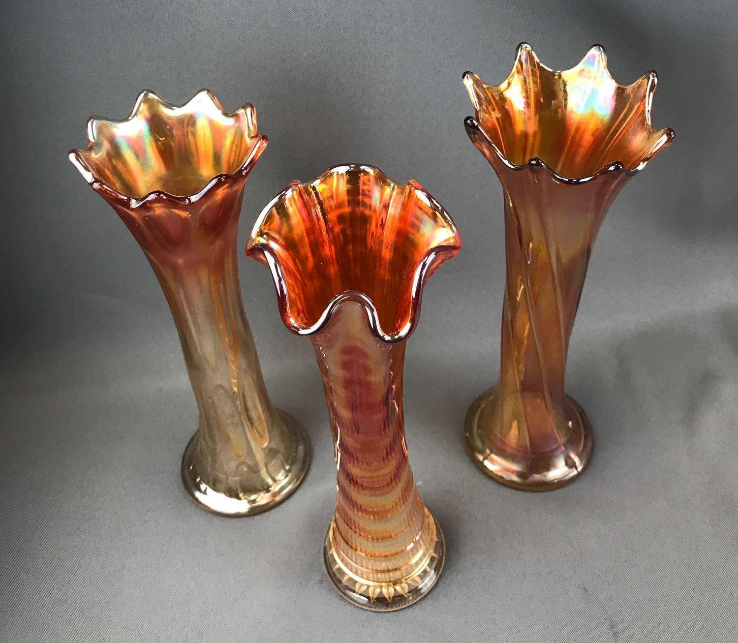 Group of 3 : Vintage Marigold Iridescent Carnival Glass Vases