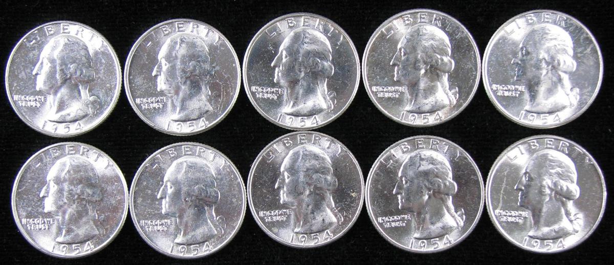 Lot of (10) 1954 Washington Quarters.