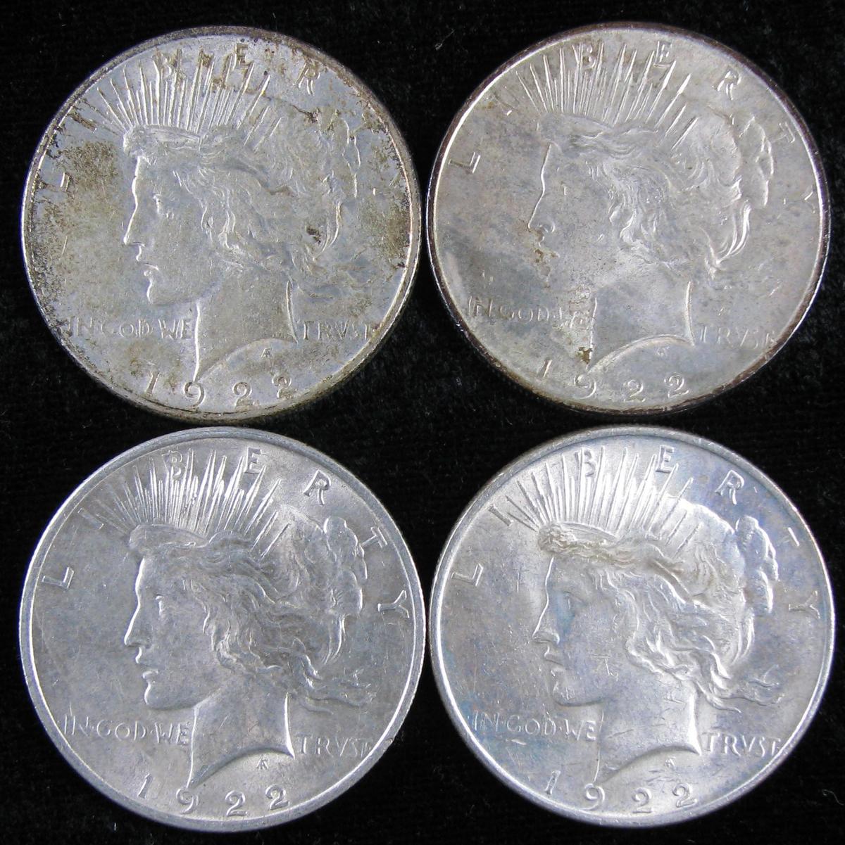 Lot of (4) 1922 Peace Dollars.