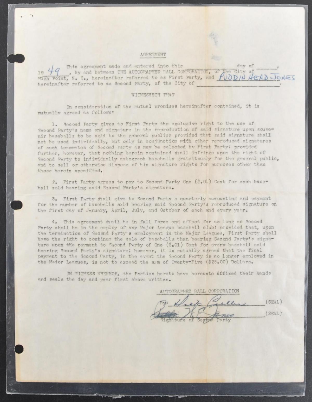 1949 Agreement Between Willie Jones and The Autographed Ball Corporation