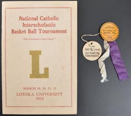 1925 National Catholic Interscholastic Basketball Tournament Program and Pinback with Ribbon