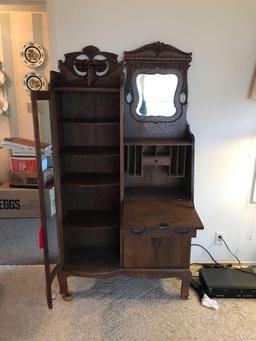Antique quartersawn oak secretary with curved glass door and beveled glass mirror