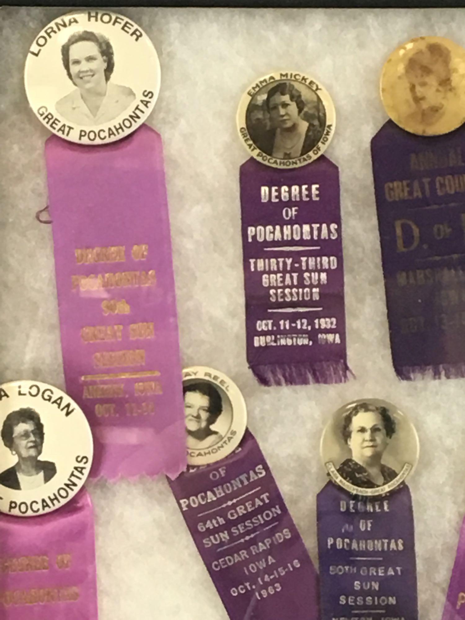 Group of 19 vintage Degree of Pocahontas pinback ribbons