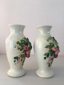 Antique group of 2 numbered vase with applied cherry blossom design