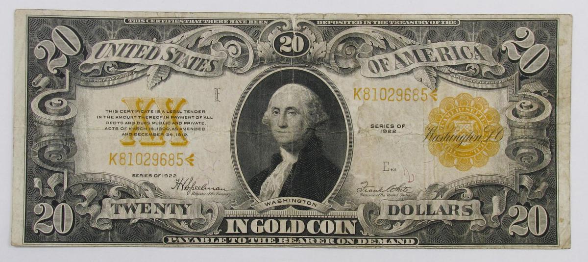 1922 $20 Gold Certificate.