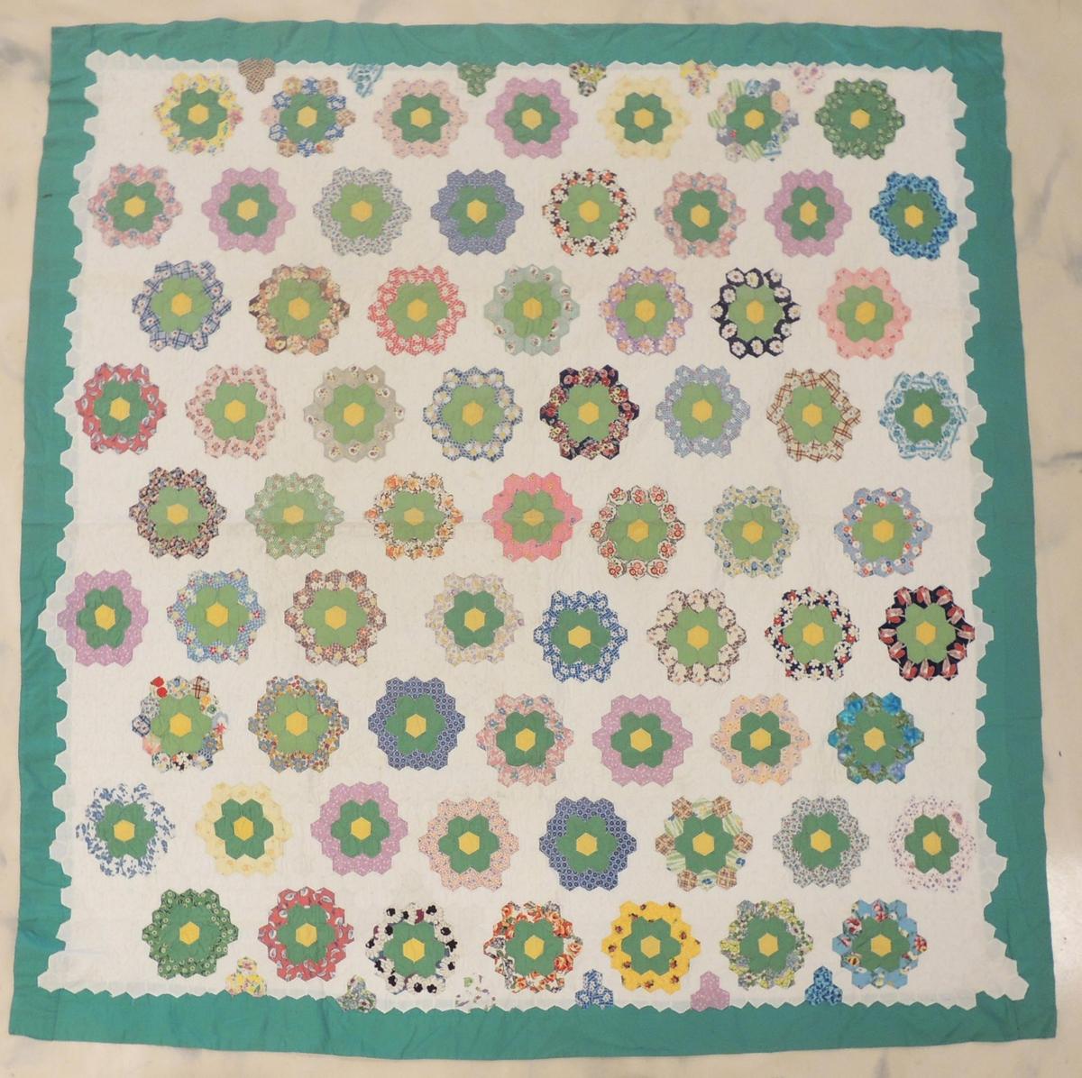 Antique Hand Pieced and Quilted - Grandma's Flower Garden Quilt