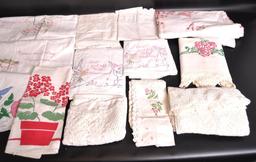 Group of Vintage Hand Made Pillow Cases, Table Cloths, and More