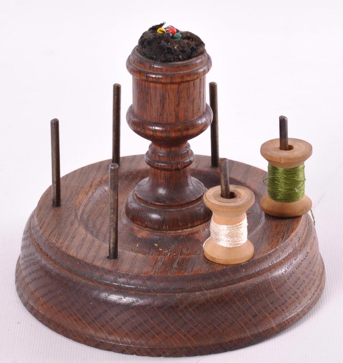 Antique Oak Pin Cushion and Spool Holder