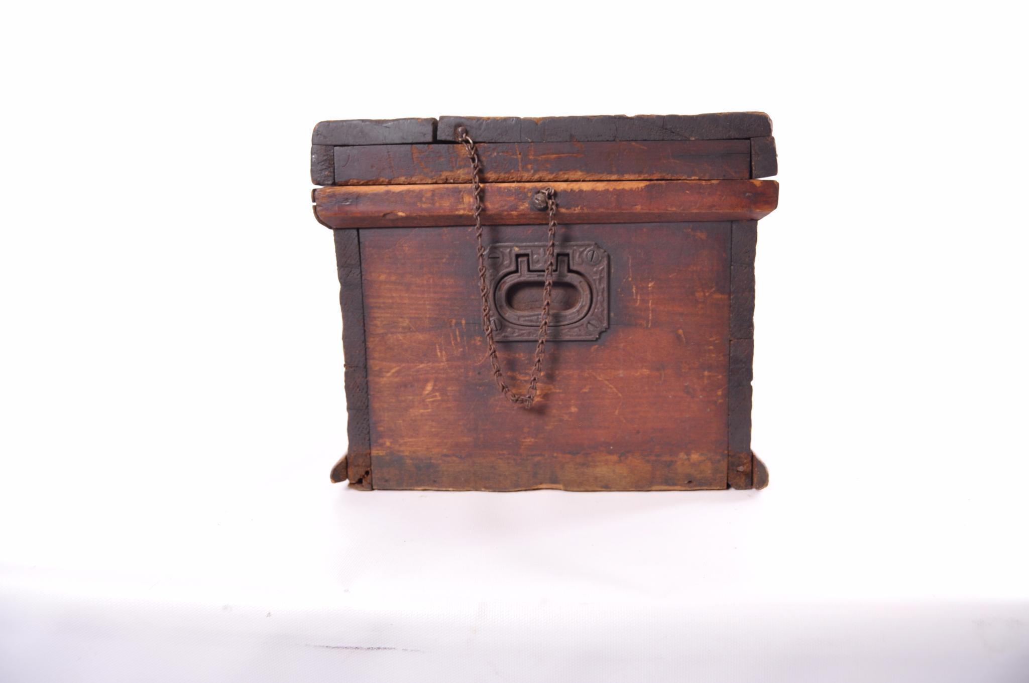 Antique Pine Tool Box with Ornate Cast Iron Handles