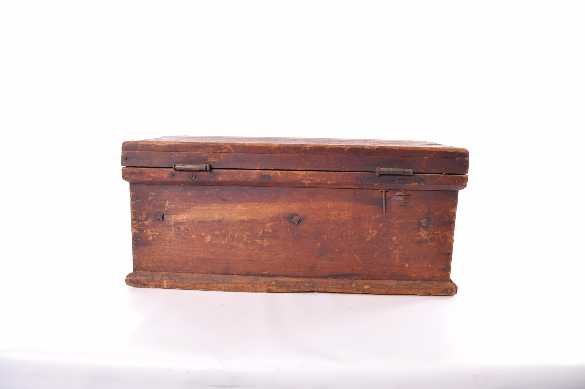 Antique Pine Tool Box with Ornate Cast Iron Handles