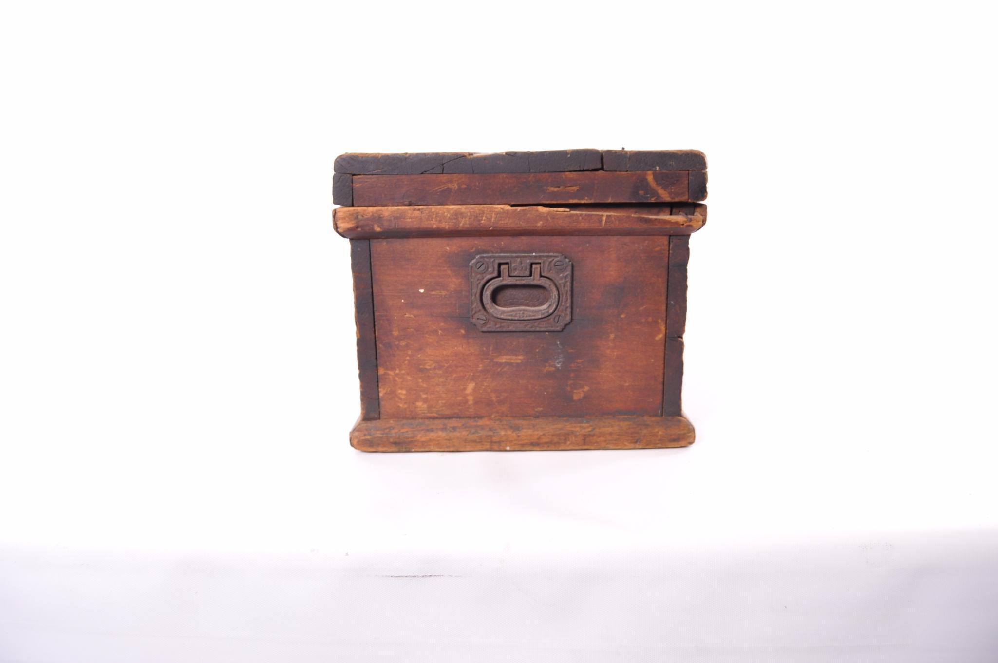 Antique Pine Tool Box with Ornate Cast Iron Handles