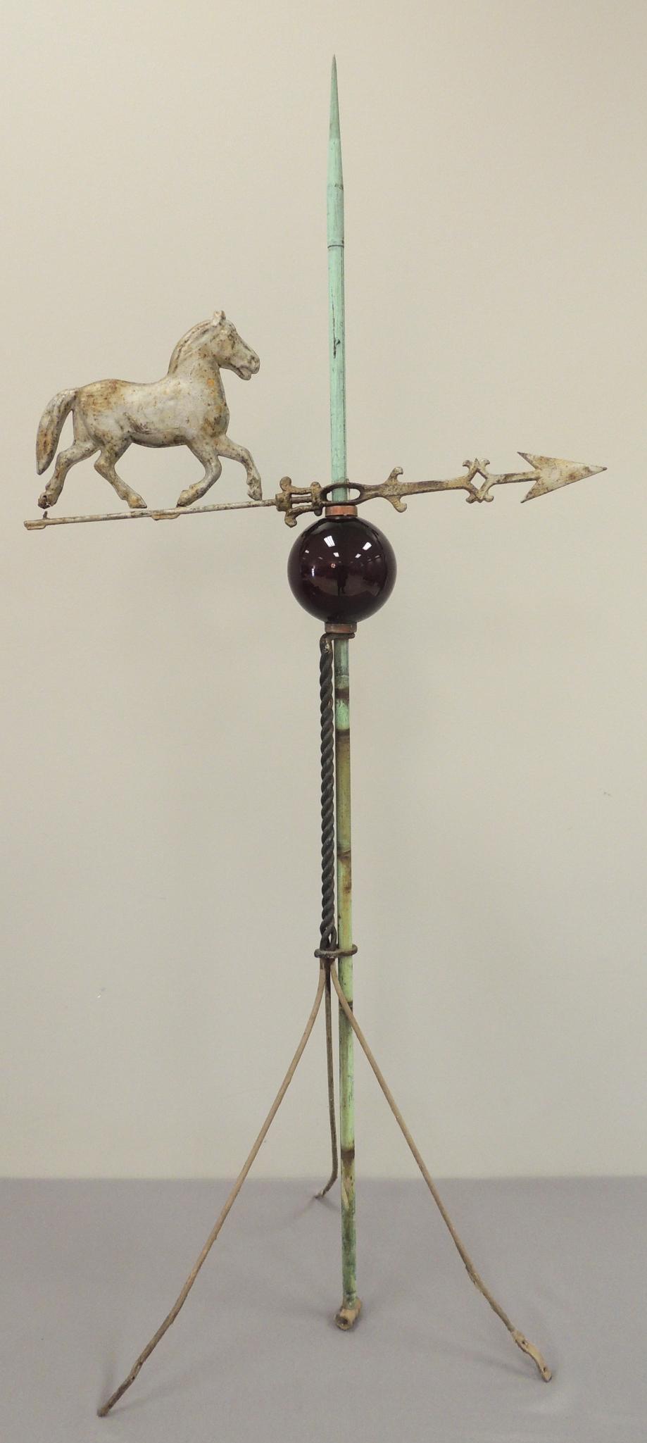 Antique Copper Lightening Rod with Horse Weathervane and Ruby Red Globe