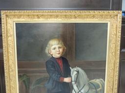 Signed A. Parodi, 1892 Oil Painting of a Child with Toy Horse