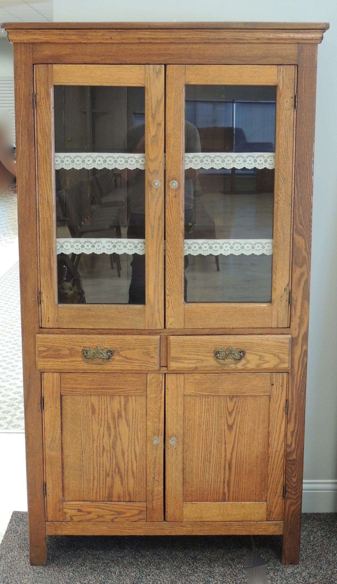 Antique Oak Kitchen Cabinet with Glass Pulls