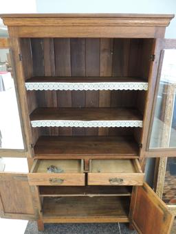 Antique Oak Kitchen Cabinet with Glass Pulls