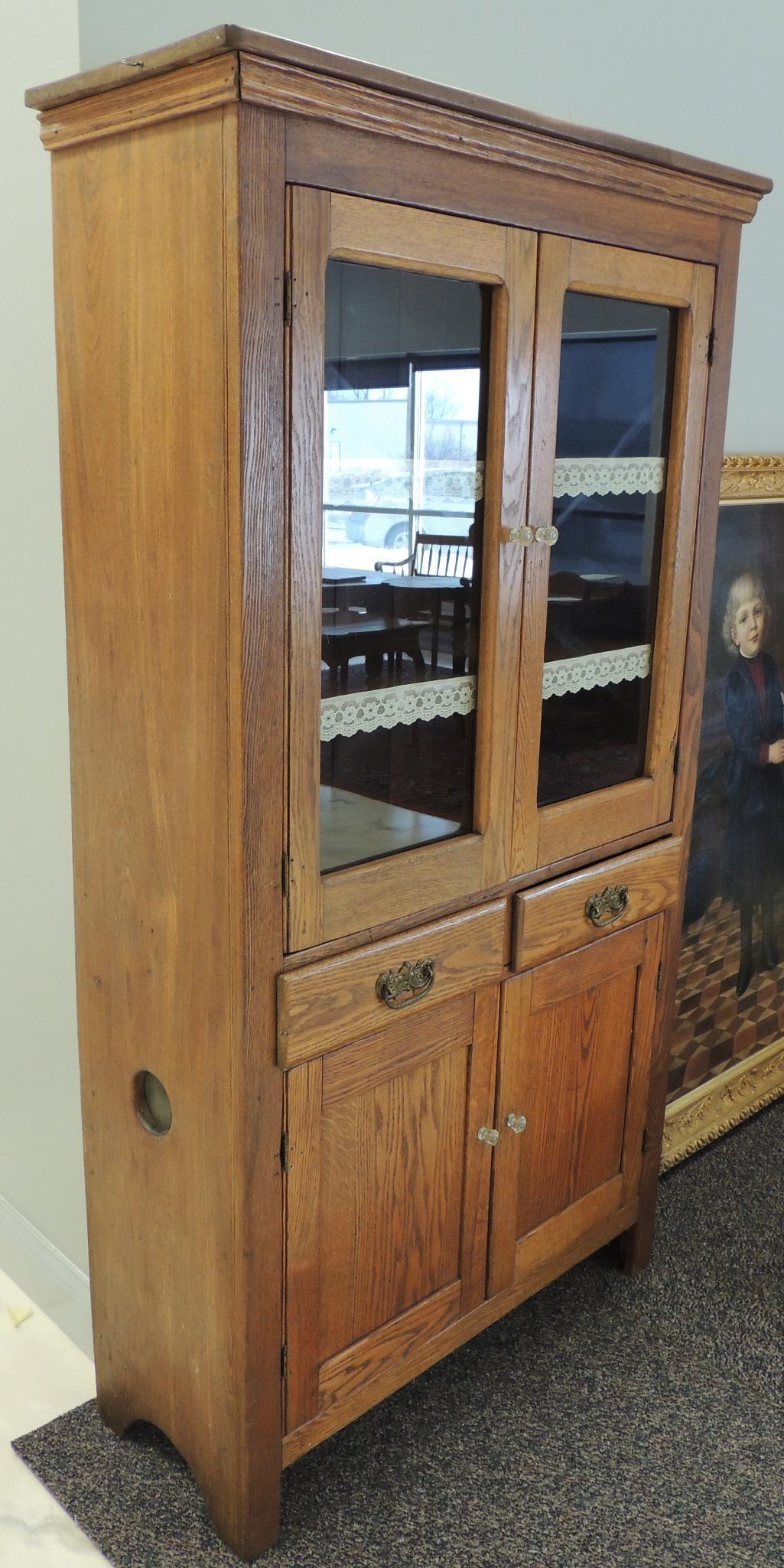 Antique Oak Kitchen Cabinet with Glass Pulls